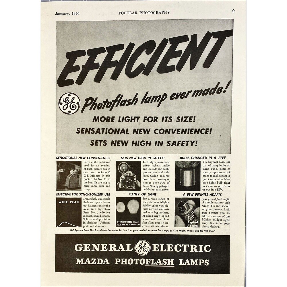 General Electric "Most Efficient Photoflash lamp ever made"Vintage Print Ad 1940